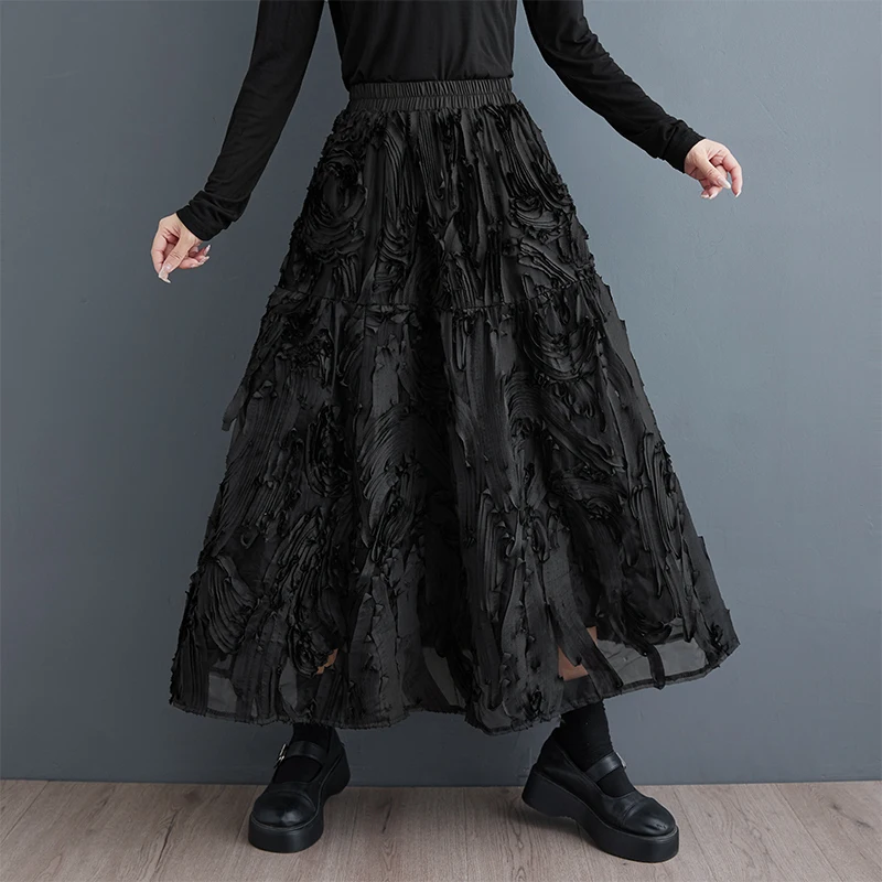 

#3040 Black Mesh A-line Skirts Womens Three-dimensional Flower Korean Fashion Streetwear Elastic Waist Gothic Skirt Split Joint