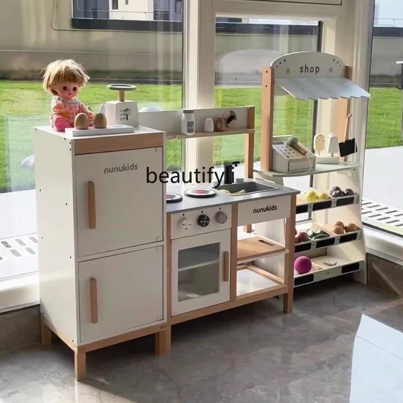 Simulation cooking kitchen refrigerator set doll wooden wooden kindergarten stove toy