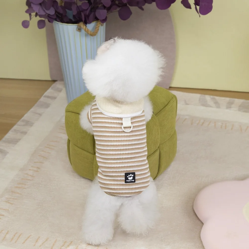 Zwei Beine Weste Revers Welpen gestreift Pullover Polyester dünne Hundekleidung atmungsaktiv lässig Hund Kurzarm Sommer