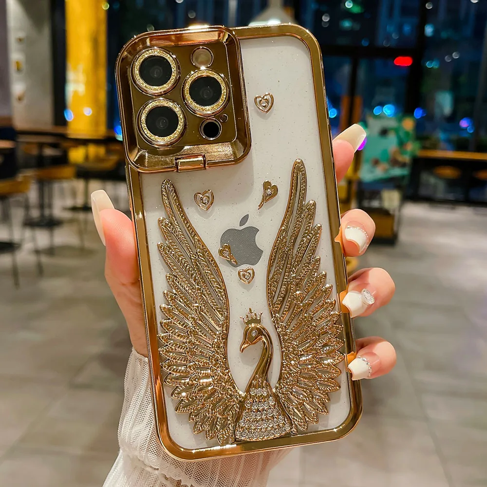 For iphone 15 Pro Max Case Luxury Diamond Angel Wing Lens Holder Cover For iphone 14 13 12 11 Pro Max Glitter Plating Shockproof