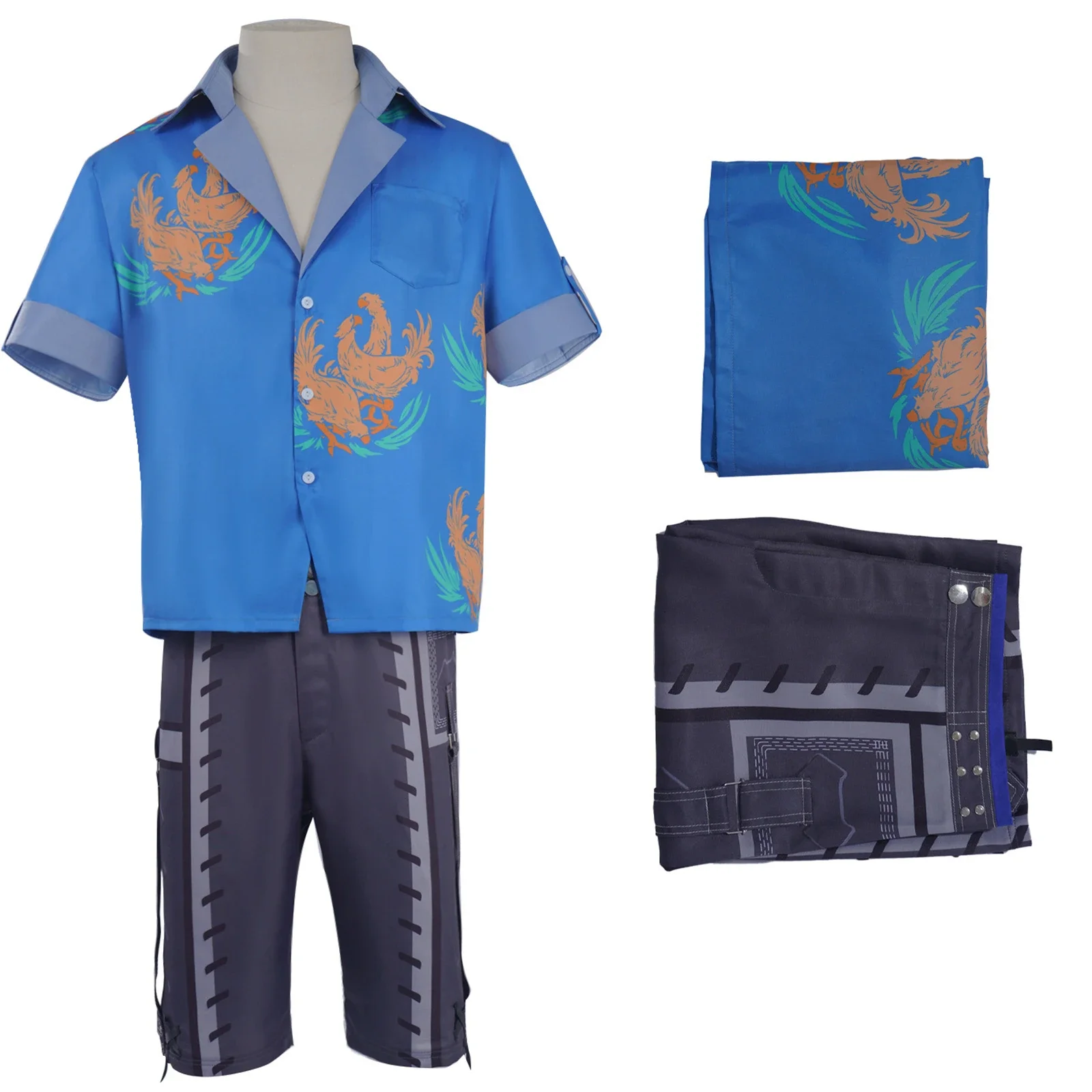 

Game Cloud Strife Shirt Cosplay Costume for Male Adult Pinted Blue Blouse Half Pants Daily Summer Outfit