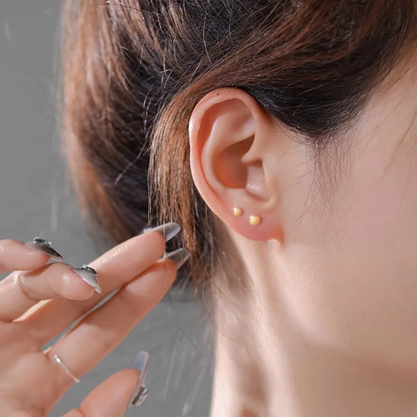 9999 gold small round ball smooth-textured matte stud earrings for pierced ears, ear bar, women's ear stud earrings