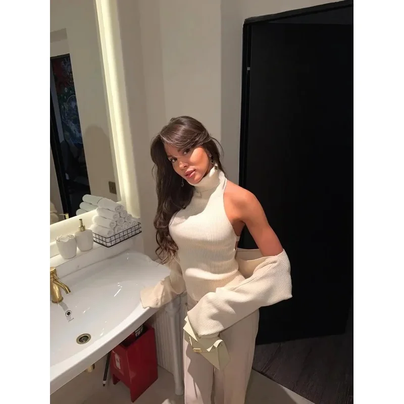 Women's Grey Turtleneck Backless Knitted Sweater Sleeveless Vest Pulls Tops Winter Spring Clothing Pink Blue Black Brown White view 4