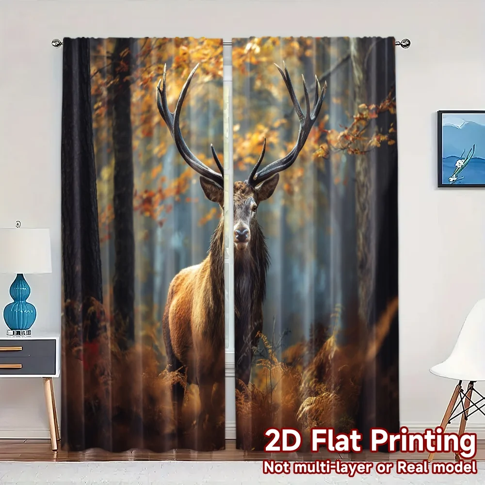 2pcs, 2D FLAT PRINTING Curtains (Without Rod) Majestic Stag Modern Pattern Curtains Yarn Curtains Gifts Ldeal for Bedroom &