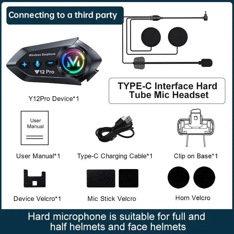 Y12Pro Dual Mic Motorcycle Helmet Intercom Headset Wireles Hands-free Call Waterproof Music Player Speaker FM Radio Earphone New