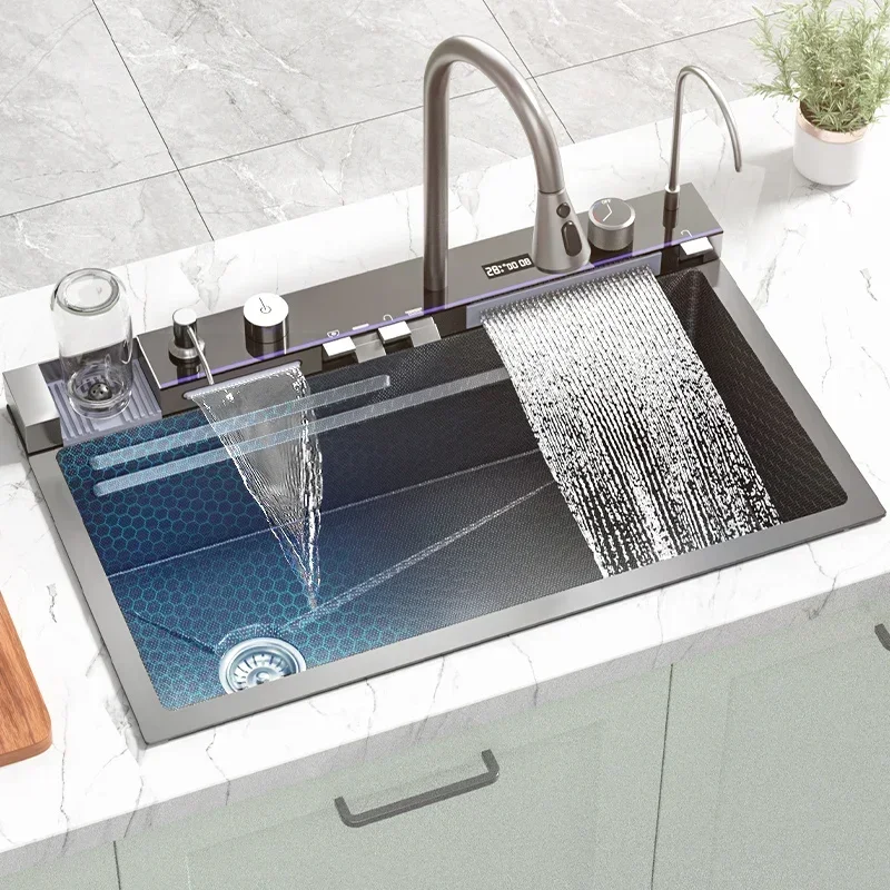 'Waterfall sink basin large single slot digital display 304 stainless steel sink with Integrated pull down faucet