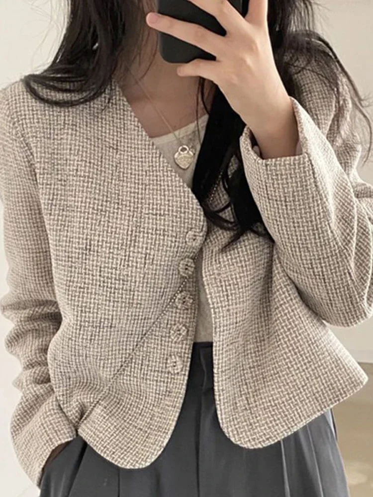 

Autumn Crop Coats Women Elegant Woolen Jacket Female Vintage Fashion Single-Breasted Coat Ladies Casual Loose V-Neck Outerwear