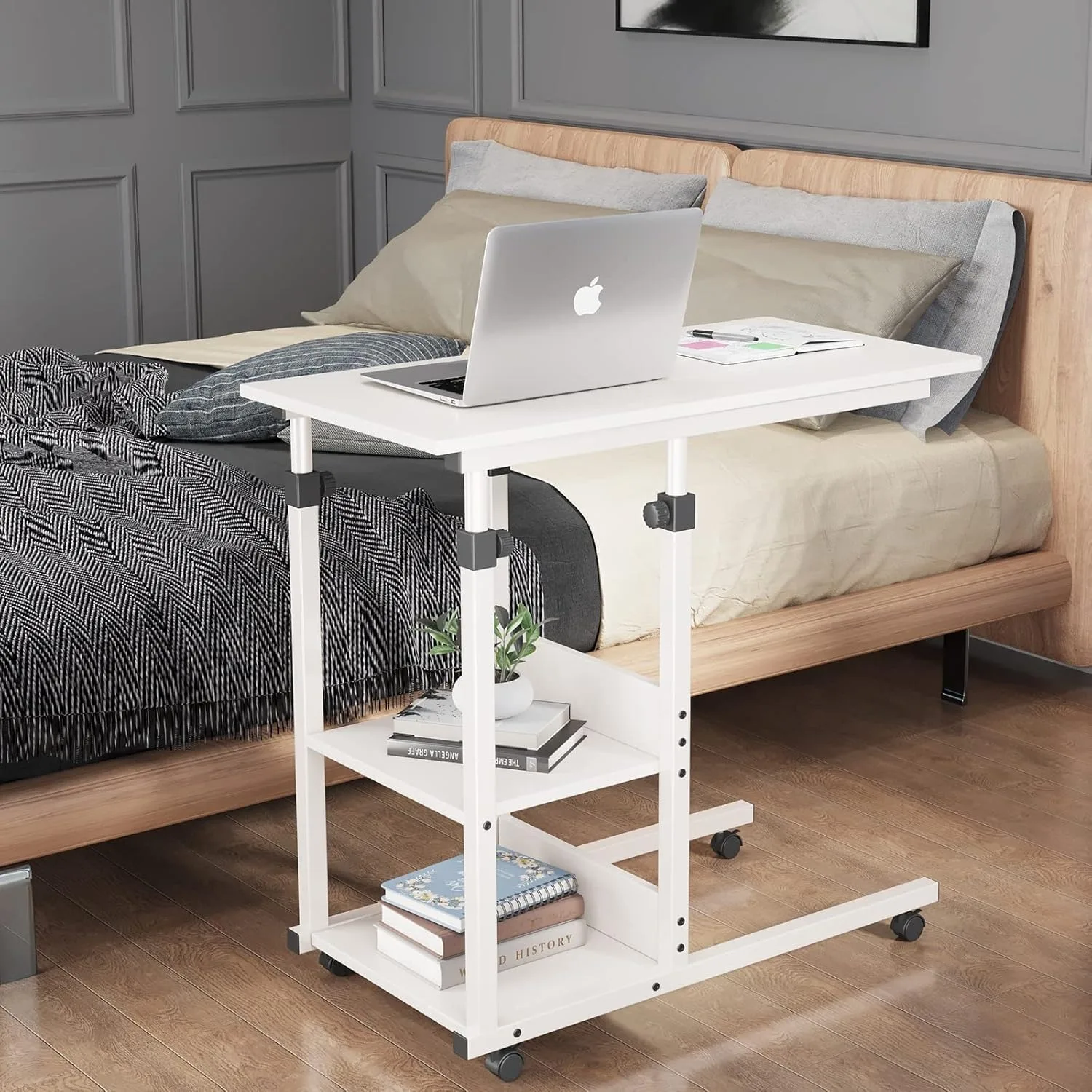 C Shaped Side Table, Sofa Couch Bed End Table, Height Adjustable Mobile Rolling Laptop table with 2 Tiers Storage Shelves