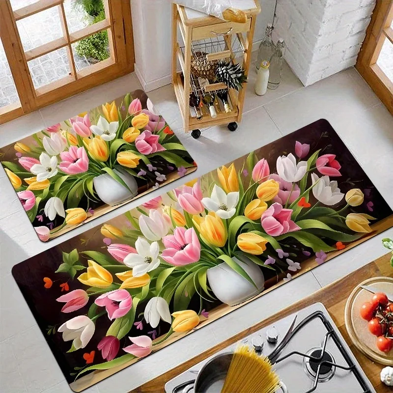 Newest Doormat Colorful Tulip Vase Floral Print Washable Non Slip Decorative Kitchen Floor Rug Set for Living Room Bedroom