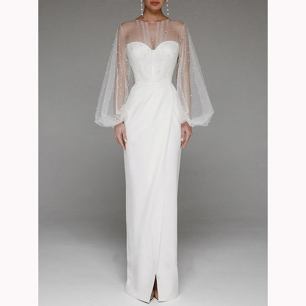 ชุดสตรีเซ็กซี่ Sweetheart คอเพิร์ลสะโพกโคมไฟแขนเสื้อชุดภาพลวงตา O-คอประณีตอย่างเป็นทางการ Evening Party Slit Dresses