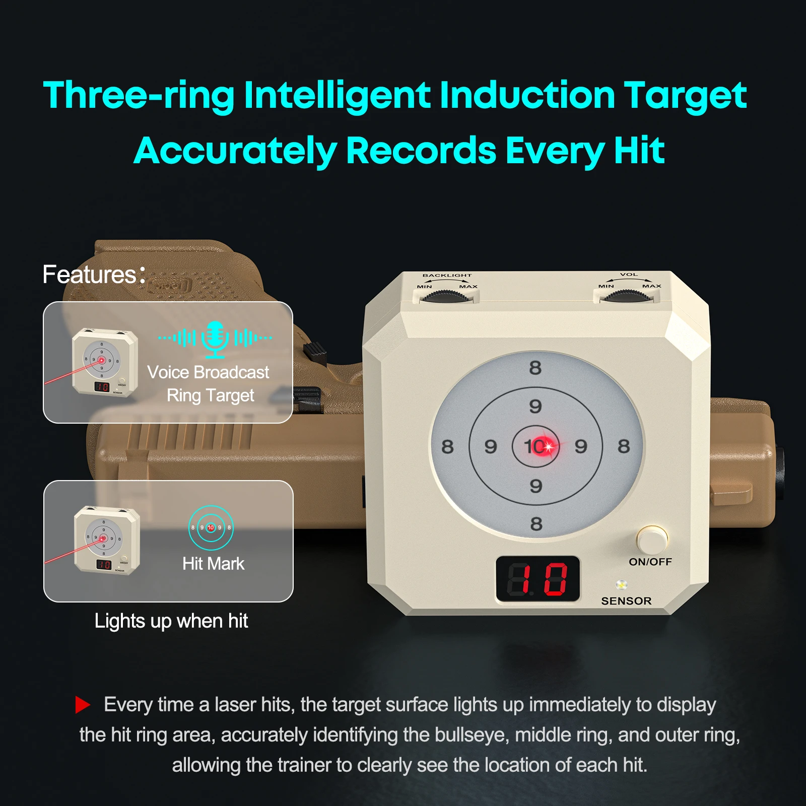 

Трехкольцевая лазерная мишень с ударной и ударной точечной маркировкой для сильного освещения.