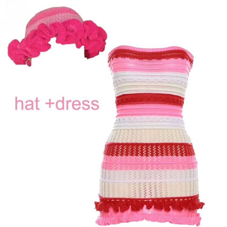 Knitted 2 Piece Sets Women Hats And Mini Skirts Fashion Casual Strapless Dress Matching Suits