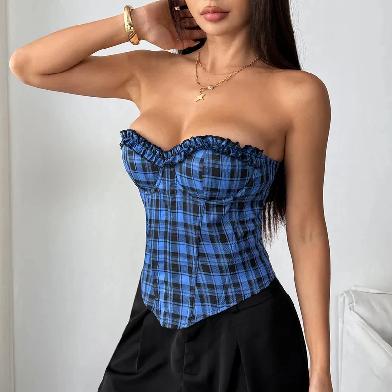 

Pure Desire Spicy Girl Blue Color Retro Style Plaid Design Patchwork Back Lace Up Fashionable Women's Tube Tops