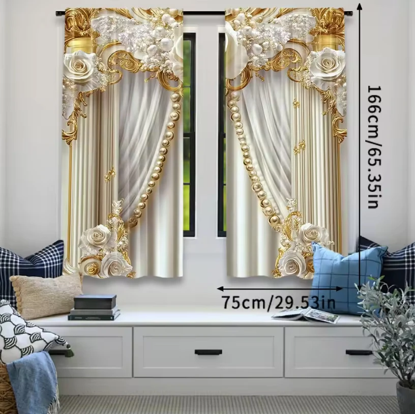 2PC White Gold Baroque Curtains Luxury Ornate Print Light Filtering Drapes Elegant Royal Home Decor for Bedroom Living Room