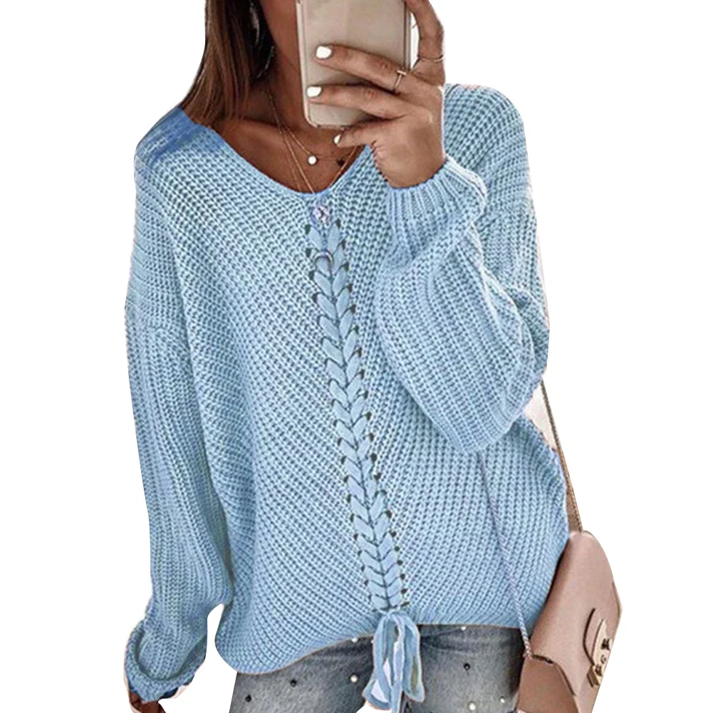 Herfst En Winter V-Hals Soild Sweater Dames Nieuwe Casual Losse Lange Mouwen Stiksels Mode Dames Kant Gebreide Trui