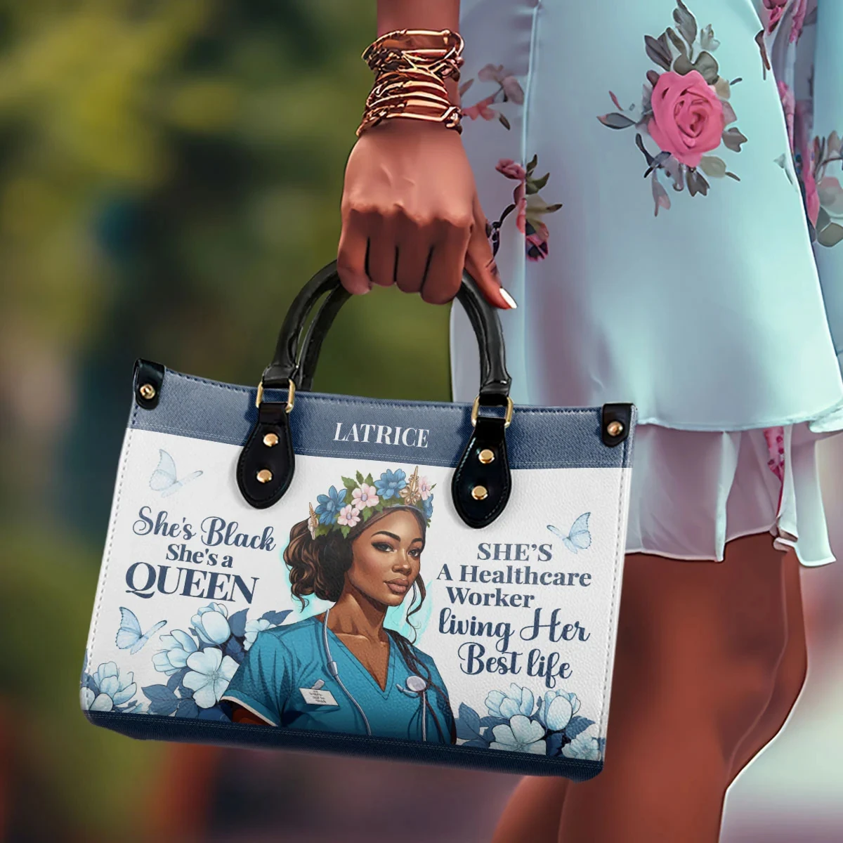 She's Black She's A Queen She's A Healthcare Worker Living Her Best Life - Personalized Leather Handbag Luxury Drop Shipping POD