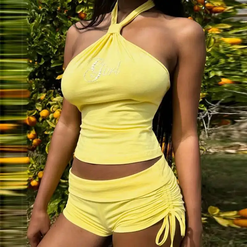 

Women's Summer New Wind Style Hanging Neck Backless Hot Diamond Vest Top Drawstring Pleated Shorts Two-piece Set