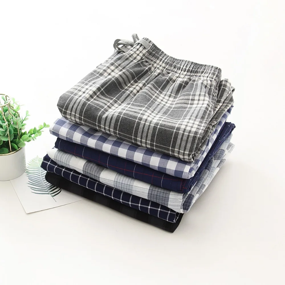 

2020 Spring Men High-end 100%cotton sleep bottoms Male nighty trousers Men Casual Plaid pantalon pijama hombre pants XXL 100KGS