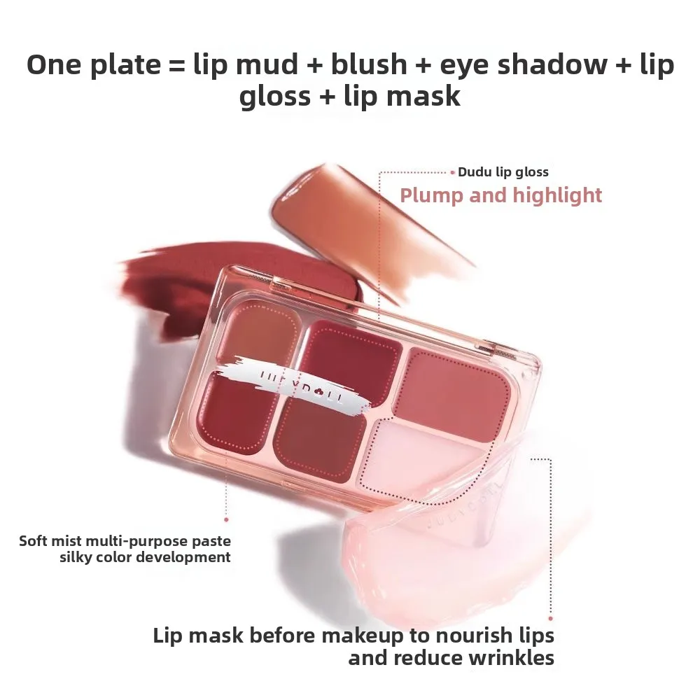 Judydoll Six Color Lipstick Palette Mirror Lip Glaze Multi-Purpose Paste Matte Lip Stick Gloss Nude Lip Stain Makeup