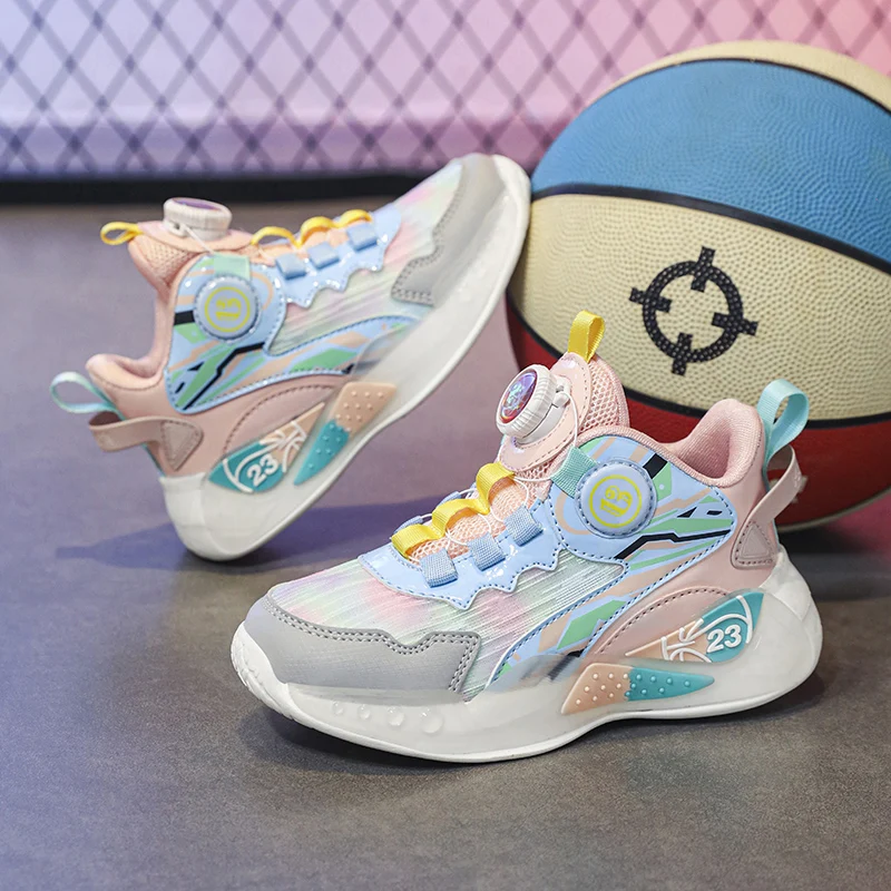 

Boys girls basketball shoes Net fabric Breathable Anti-slip children's training shoes Outdoors Rotating buckle kids sneakers