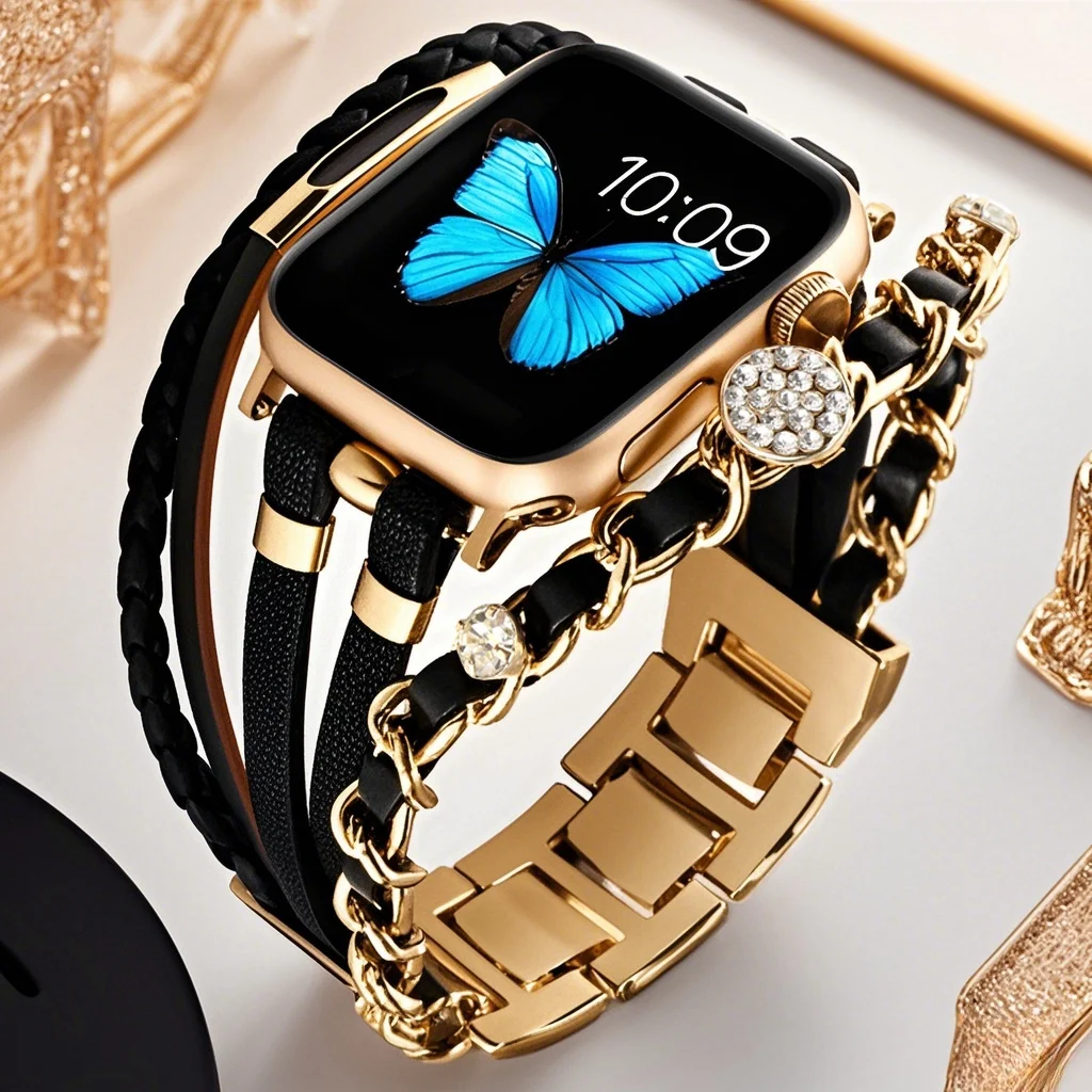 Jewelry Strap for Apple Watch Band 44mm 40 45 41 46 42 49 38mm Women Leather Bracelet iWatch Series Ultra 10 9 8 7 6 5 4 SE Belt