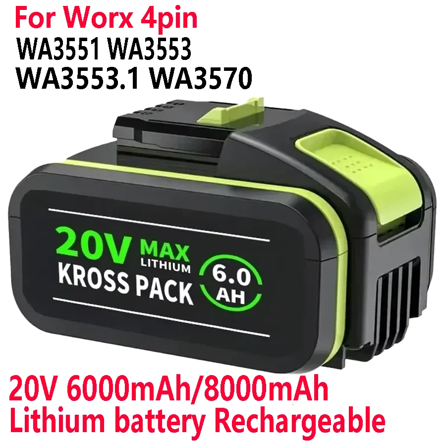 

Для Worx 20 В 8000 мАч 4-контактный WA3551/WA3553 WA3572 WX390 WX176 WU268 литий-ионный аккумулятор 20 В аккумулятор для беспроводного электроинструмента