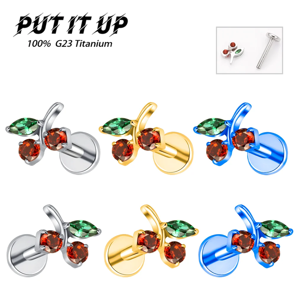 F136 Titanium Alloy Fashion New Mini Cherry Zirconia Stud Earrings Anodized Ear Cartilage Lip Studs Body Piercing Jewelry