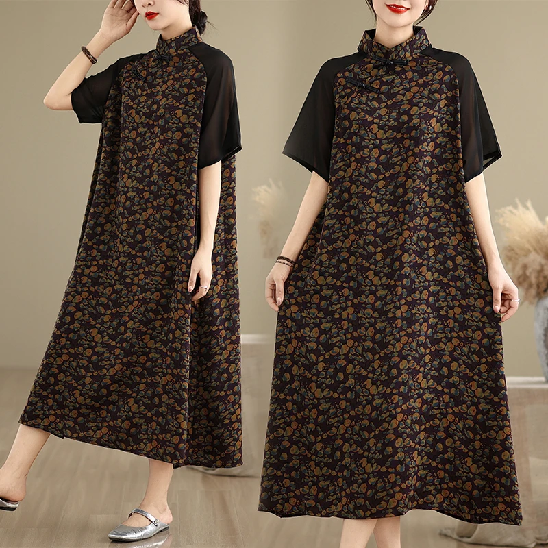 

Китайский Sle ort Sve Midi Dr для похудения, модный летний новый дизайн с принтом, высокая талия, свободный крой, полиэстер, материал