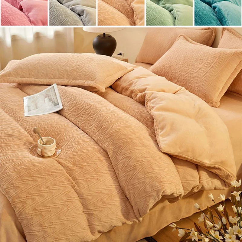 

Winter Thick Plush Duvet Cover Set Milk Velvet Quilt Cover Sheet with 2Pillowcases 4PCS Luxury Bedding for Queen Size Double Bed