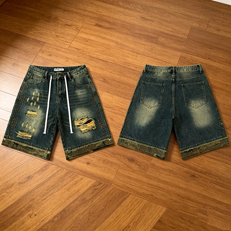 

American Style Retro Men's Vale Denim Shorts Metal Studs Ripped Distressed Shorts
