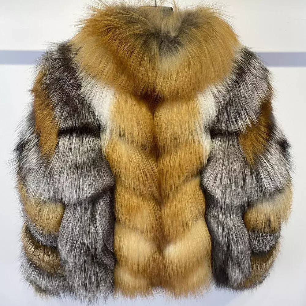 Winter 2022 Cold Weather Thick Warmer Super Nice Quality Silver Fox Fur Jacket Natural Red Fox Fur Coat