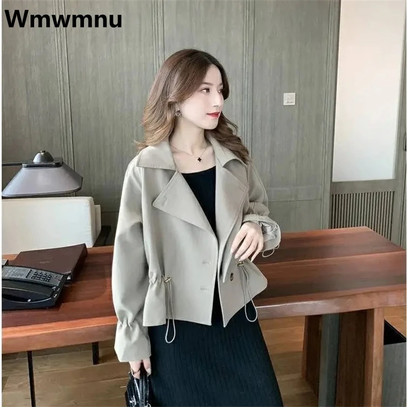 

Korean Drawstring Short Trench Coats Casual Women Lined Windbreaker Elegant Solid Gabardinas Spring Fall Vintage Outerwears