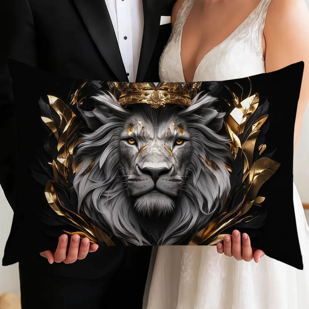Crown King Lion Black Gold Art Cool Cushion Cover Soft Rectangle Home Sofa Living Room Decor Dorm Bedside Hogar Pillowcase Gift