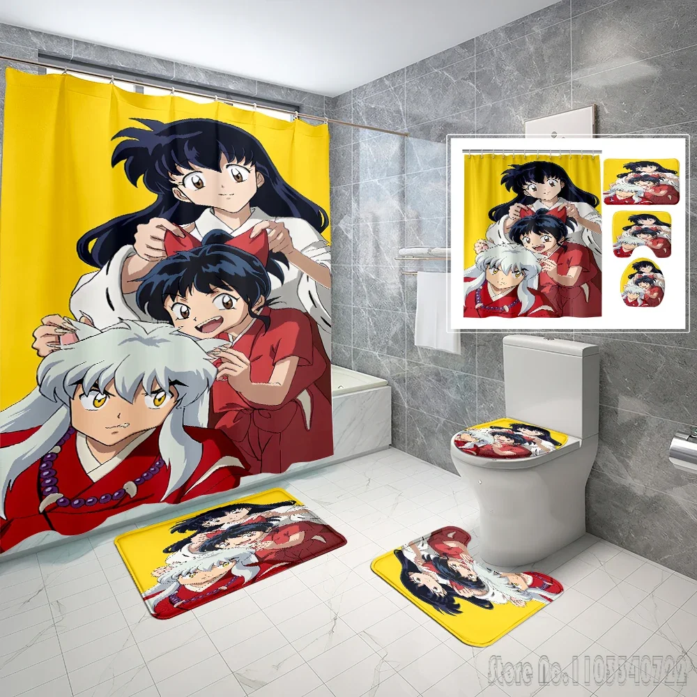 Anime Inuyasha Pattern Bath Shower Curtain Set 4pcs with Hooks Cartoon Decor Waterproof Bathroom Toilet Mat Lid