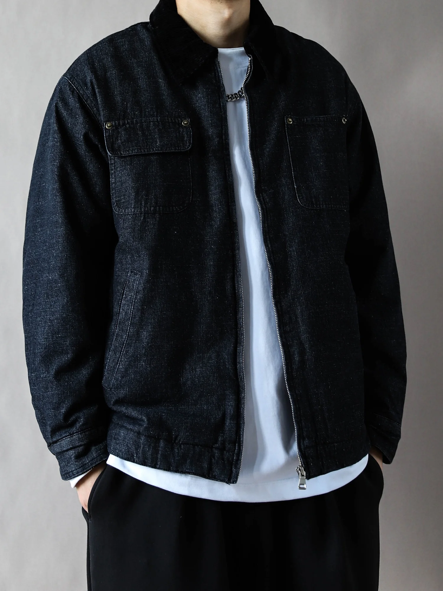 

Мужская джинсовая куртка в стиле ретро, американского кроя, из хлопка, с отложным воротником, в рабочем стиле, теплая, черная, с длинными рукавами, на молнии, повседневная.