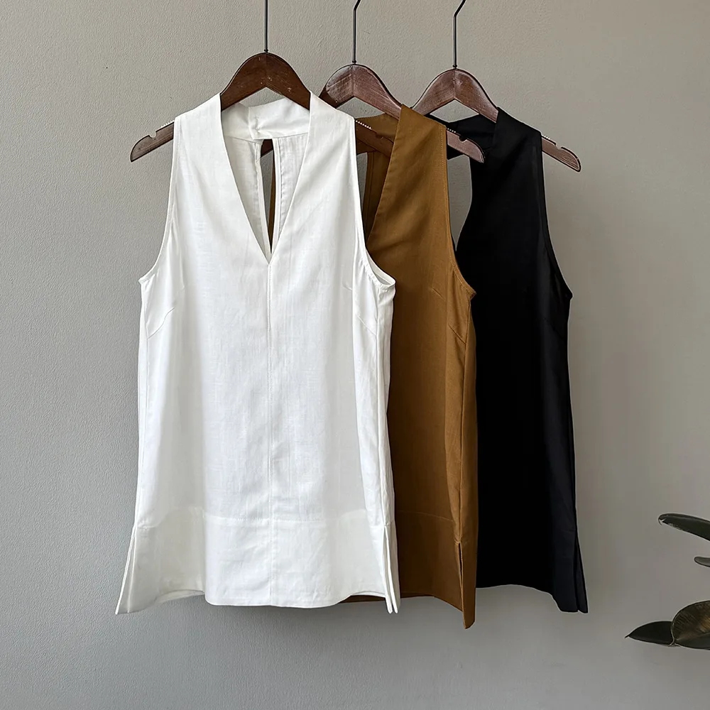 

Summer Simple Linen Tencel V-Neck Sleeveless Top Women's Thin Breathable Loose Vest [1-YS]