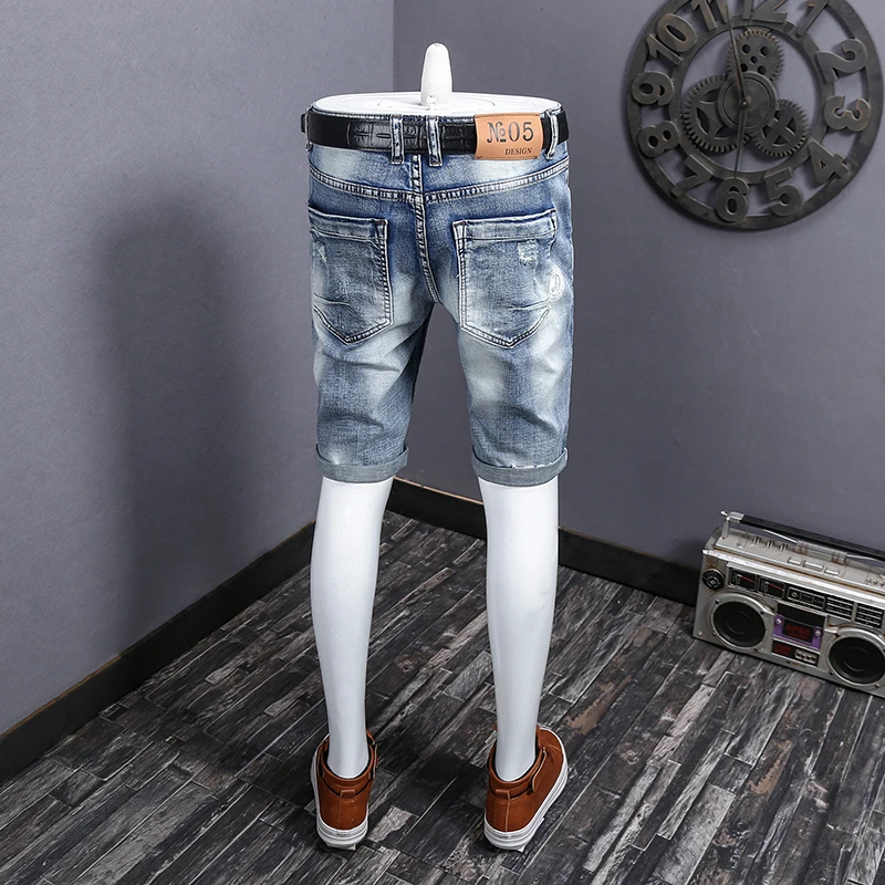 2024summer new thin ripped denim shorts MEN'S FASHION vintage print fashion elastic slim fit nostalgic pirate shorts