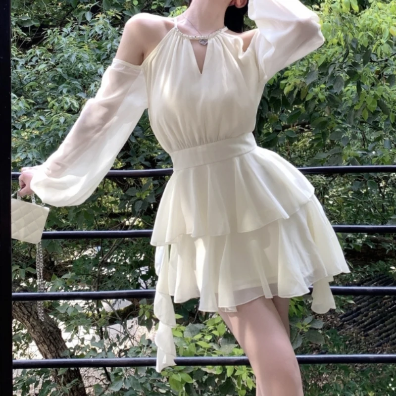 Houzhou-vestidos luxuosos elegantes para mulheres, vestido casual de chiffon, saia curta doce, minissaia fina, moda Fairycore, branco, verão