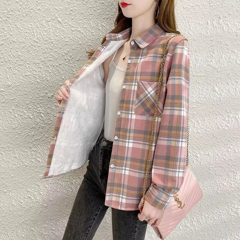 

Women's Velvet Thick Warm Plaid Shirt Female Long Sleeve Tops 2025 Winter Fleece Casual Check Blouse Autumn Casual Clothes