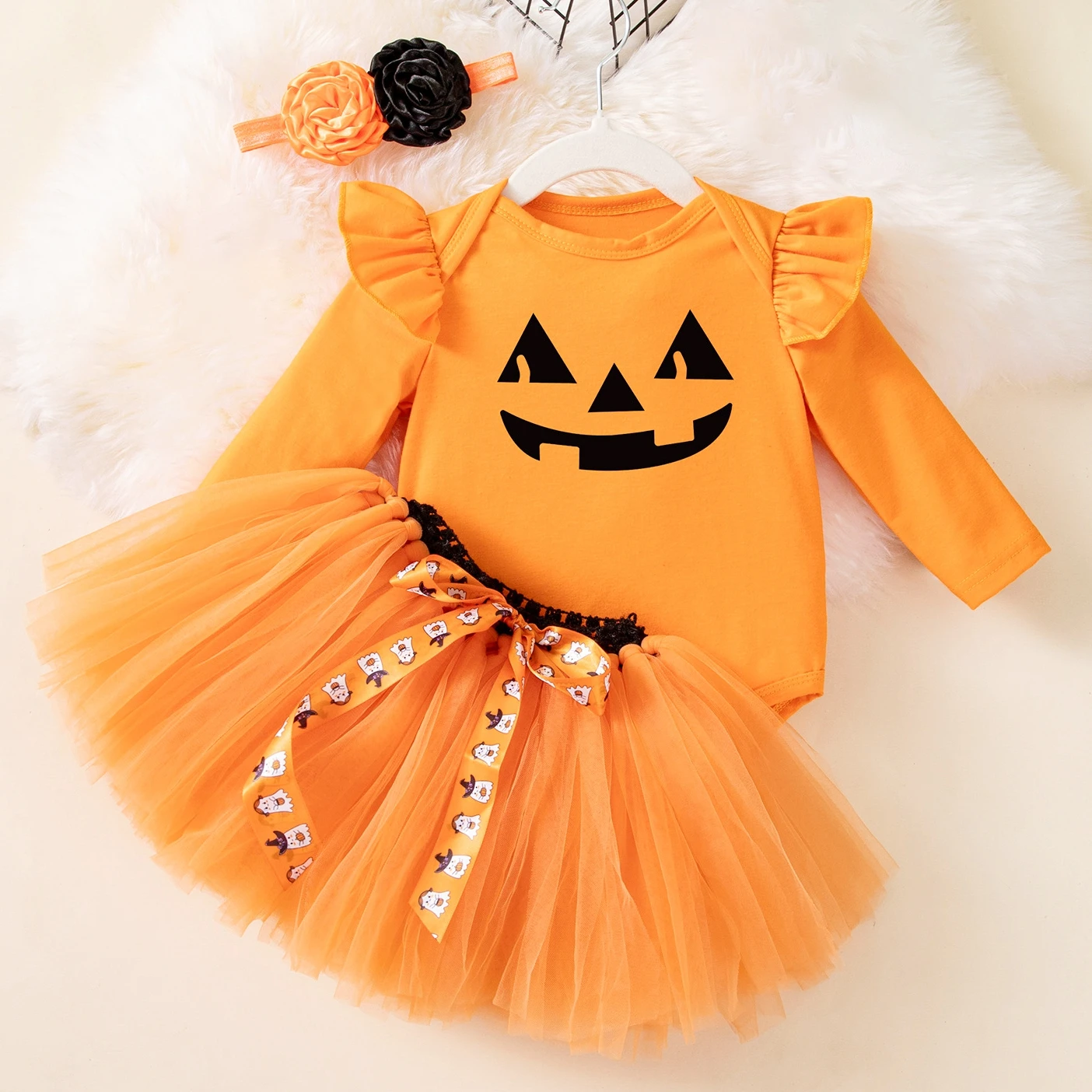 0-3 Moths Infant Girl Halloween Costumes Litter Girl Bodysuit with Pumpkin Orange Tutu Skirt Headband Baby Halloween Clothes