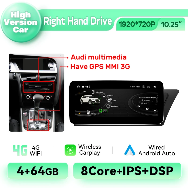 10.25Inch Scherm Draadloze Carplay Android Auto Radio Speler Voor Audi A4 B8 A5 2009-2016 Multimedia Android14 GPS 4G WIFI DSP