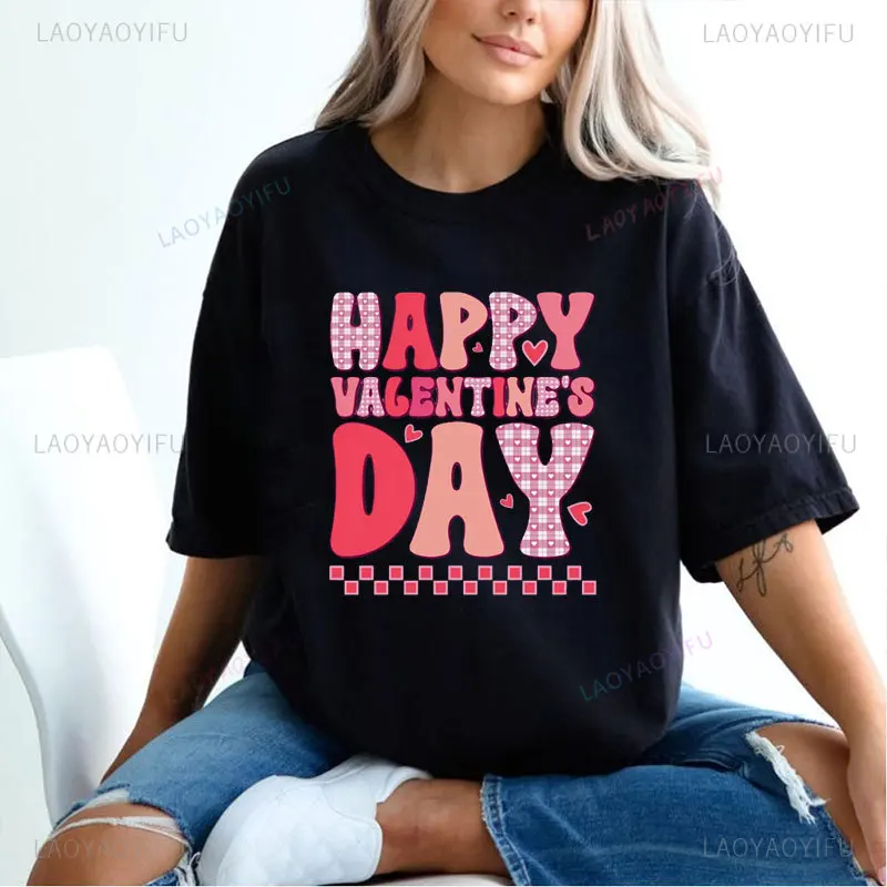 Happy Valentine Print Cotton Shirts Valentine's Day Party Outfit Tee Women Casual Short Sleeve T-shirt Lover Holiday Girls Tops