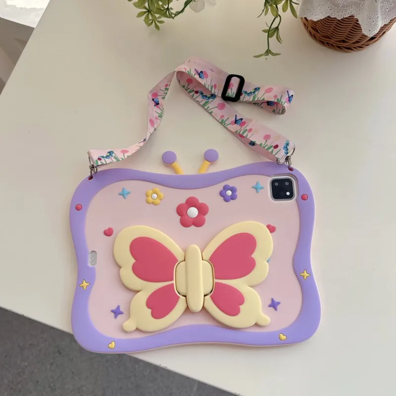 Cute Cartoon 3D Butterfly Kids Tablet Case Silicone Shockproof Stand for iPad 5 6 7 8 9th Air 1 2 3 Pro 9.7