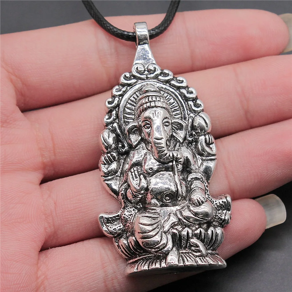 Dropshipping Necklace 62x32mm Ganesha Buddha Elephant S Pendant Necklace Faux Black Leather Rope Chain