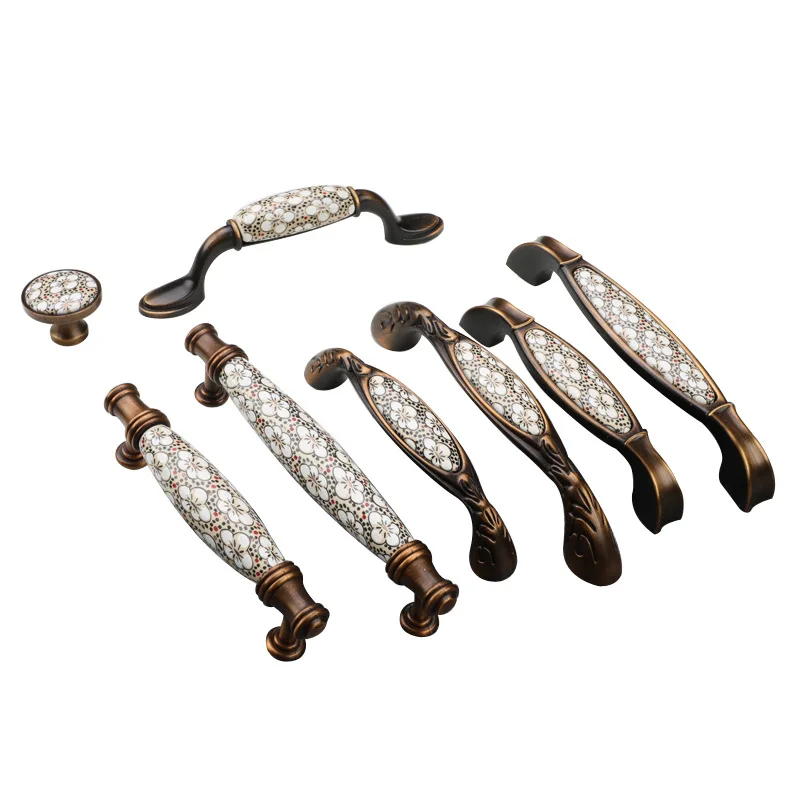 Antique Bronze Ceramic Cabinet Handles Vintage Drawer Knobs Wardrobe Door Handles European Furniture Handle Hardware