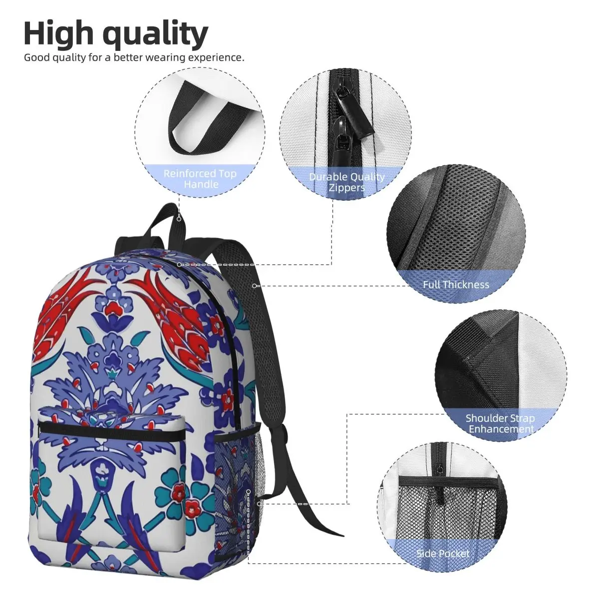 Oriental Tile Floral Pattern Backpack Daypack Large Capacity Boys Girls BookBag School Bag Shoulder Bags for Men Women