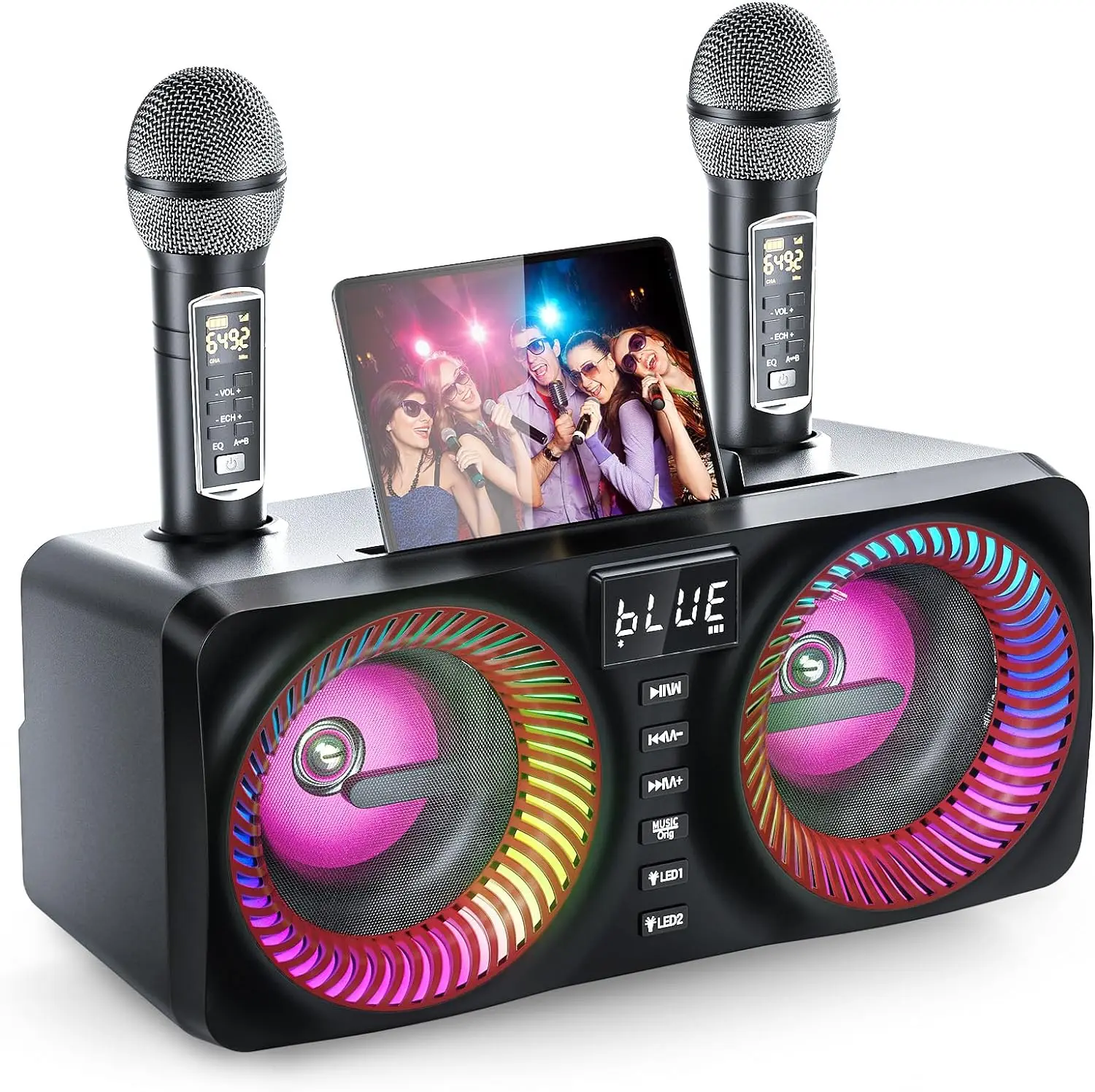 Karaoke Machine for Kids Adults, Portable Bluetooth Speaker with 9 Modes LED Lights,2 UHF Wireless Microphones&Lyric Display