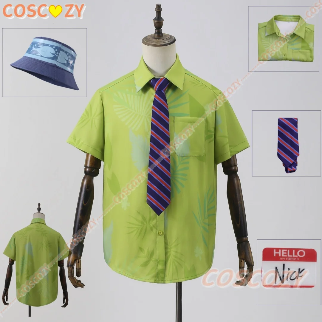 Camiseta con estampado verde de Nick Wilde de dibujos animados, traje con tarjeta de nombre y corbata azul, traje para hombre, trajes de juego de rol para fiesta de Carnaval y Halloween