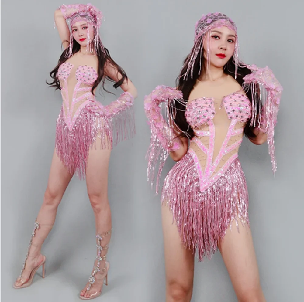 

2023 New Pink Tassel Evening Dress Drag Queen Costume Nightclub Bar Gogo Dancer Clothes Birthday Party Rave Clothing