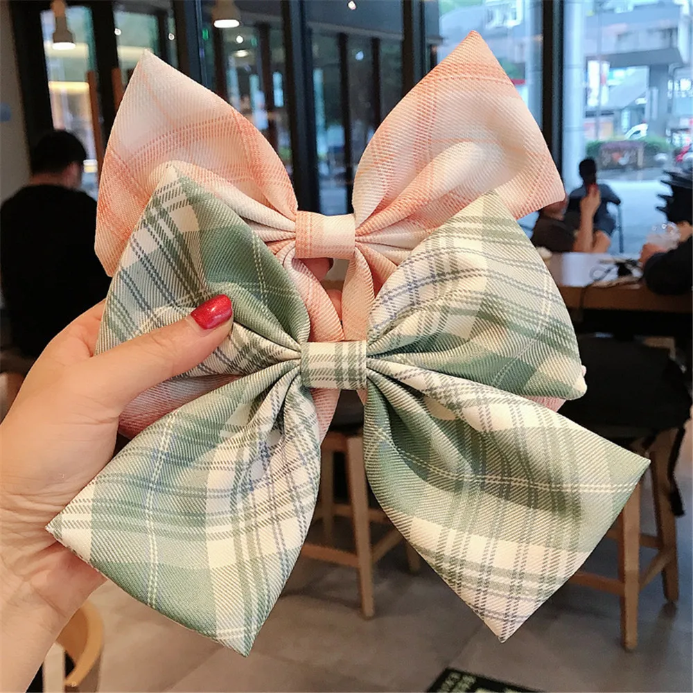 New Oversize Bow Hair Clip For Girls Plaid Fabric Hairpin Sweet Women Barrette Hair Accessories